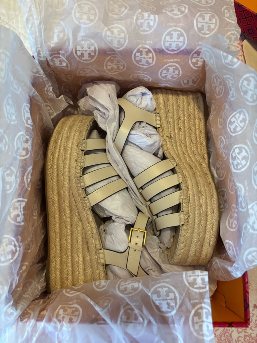Tory Burch Ivory Vachetta Leather Strappy Espadrille Wedges Sandals - Picture 3 of 16